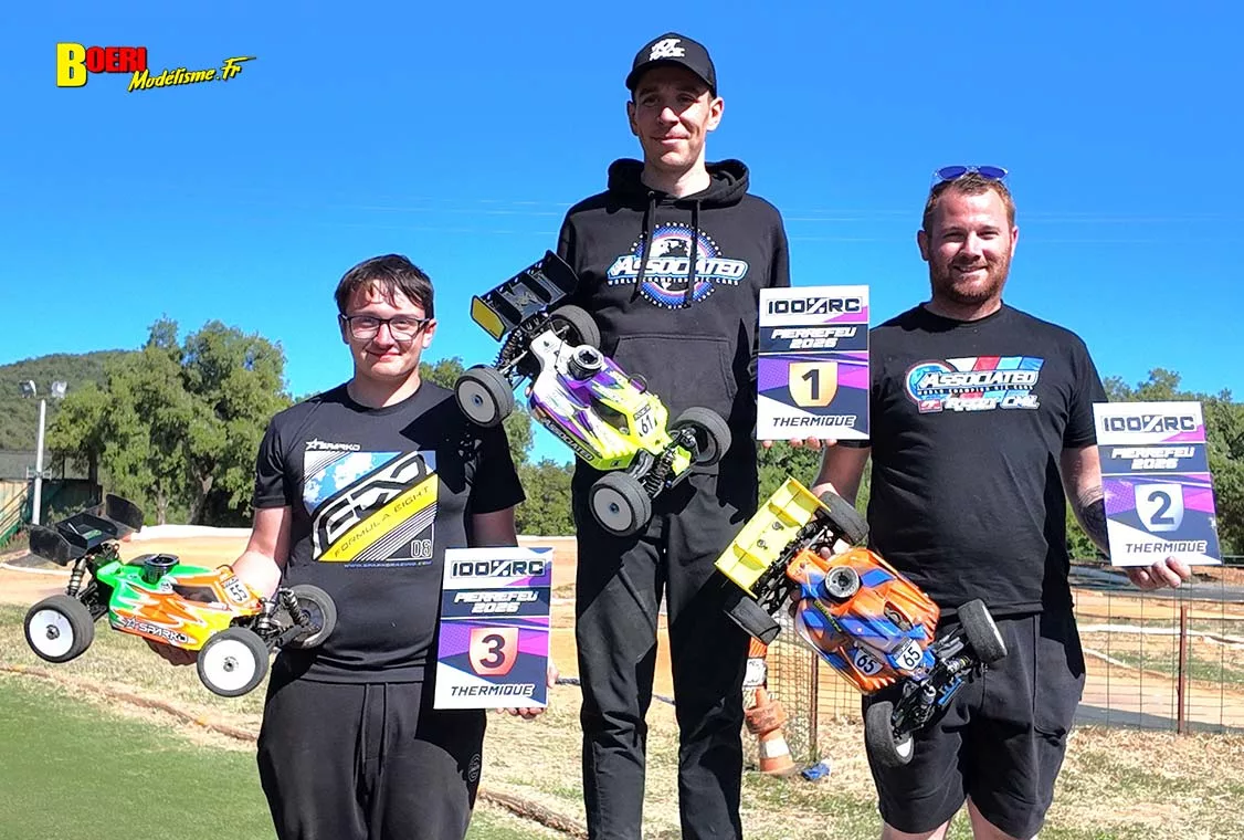 Podium TT 1/8 électrique : Victoire de Rémy Bermudez devant Gaëtan Anger et Cyril Michel. Challenge 100 pourcent RC Pierrefeu du Var club Vamp les 16 et 17 mai 2026 Aigoin Racing