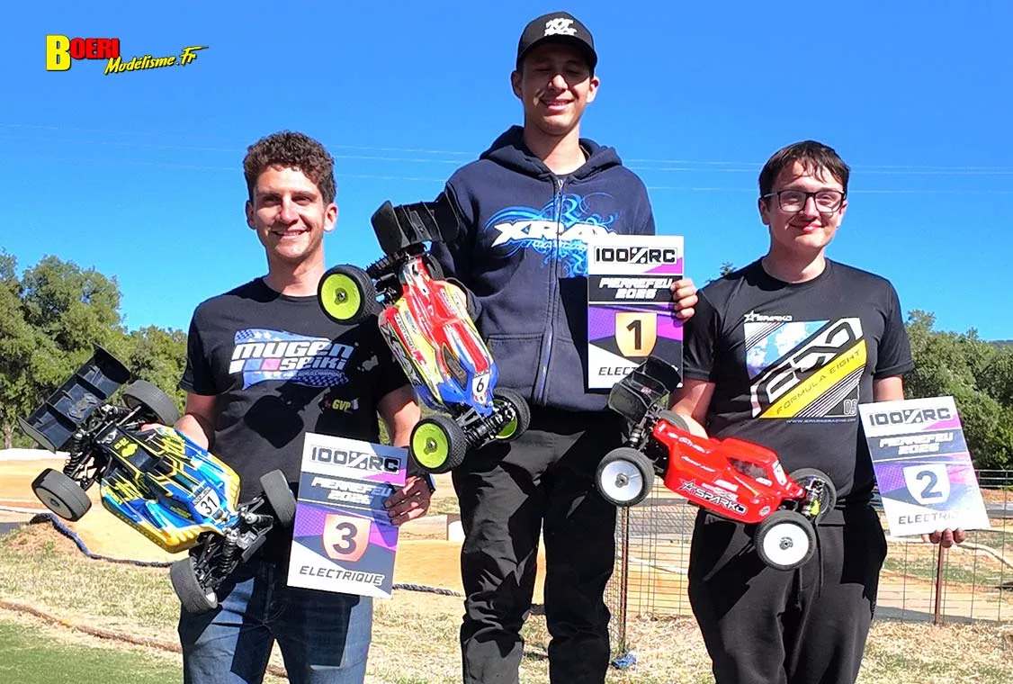 Podium TT 1/8 électrique : Victoire de Rémy Bermudez devant Gaëtan Anger et Cyril Michel. Challenge 100 pourcent RC Pierrefeu du Var club Vamp les 16 et 17 mai 2026 Aigoin Racing